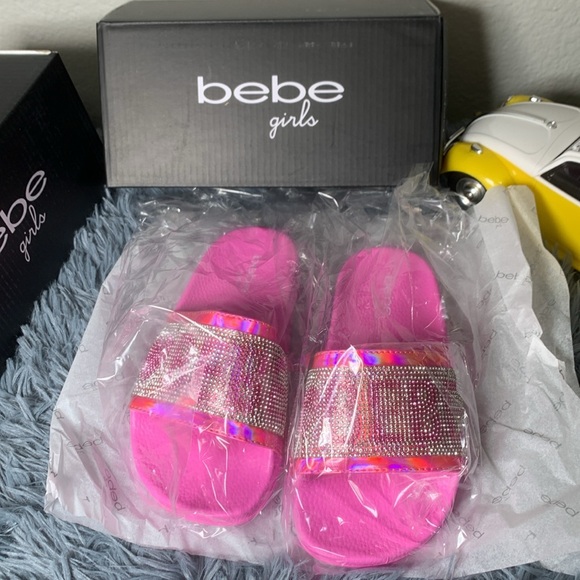 Bebe Girls’ Slip-On Slide Sandals with Rhinestone Logo Strap, Pink - Picture 3 of 5